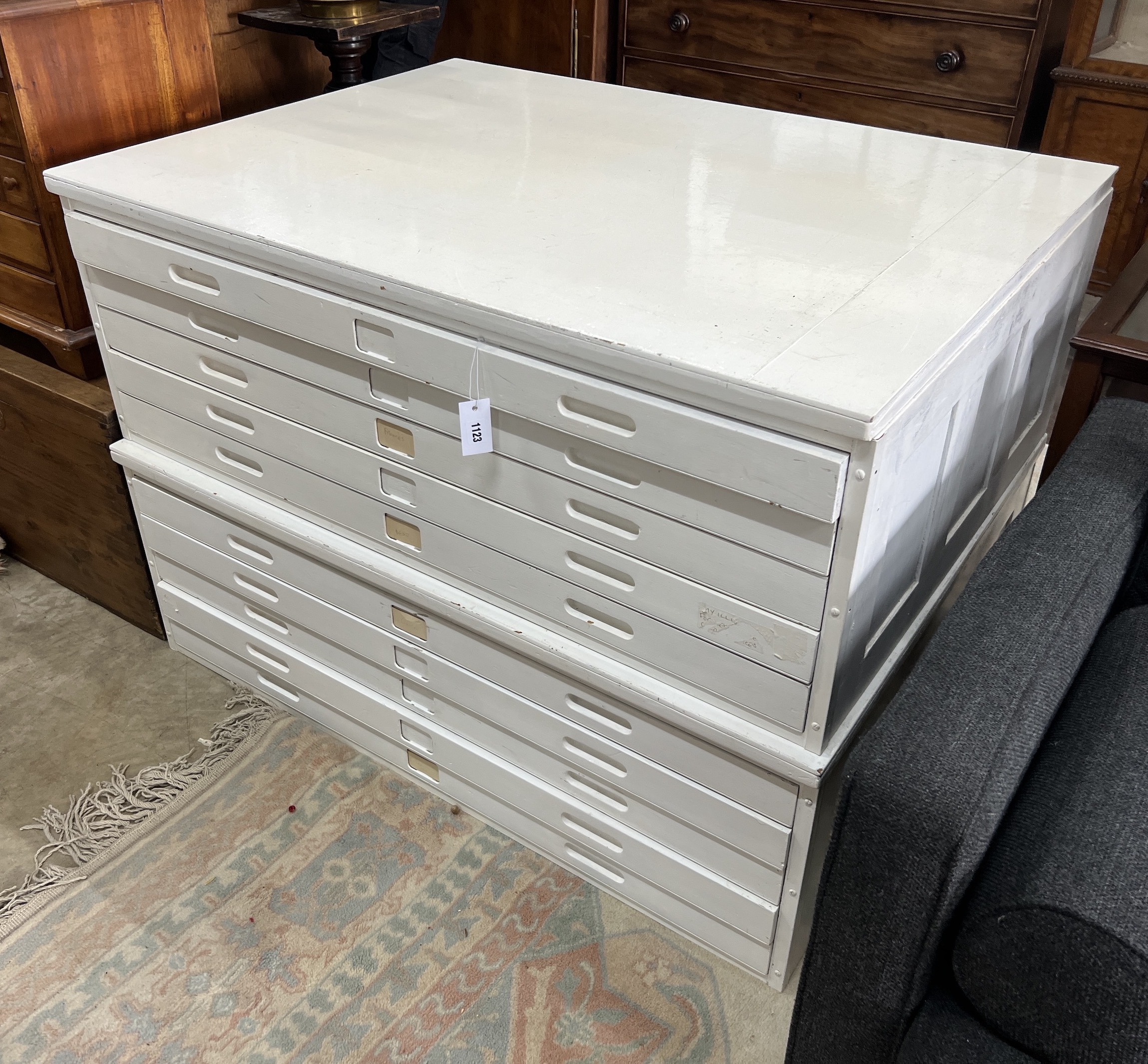 A Papworth Industries painted two part architects plan chest, dated March 1958 with stamped E R monogram, width 122cm, depth 89cm, height 85cm